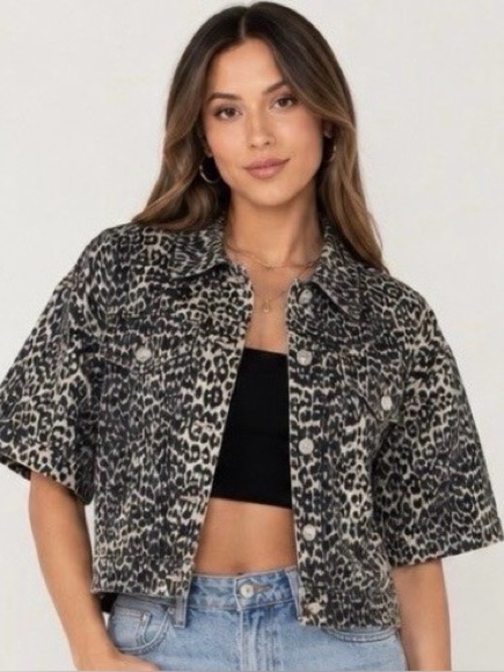 NWT STEVE MADDEN LEOPARD PRINT CROPPED DENIM JACKET SIZE M SHORT SLEEVE